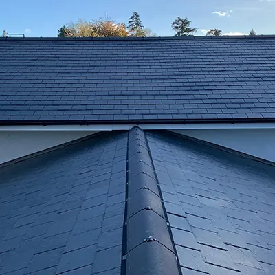 A black roof with a blue sky in the background.